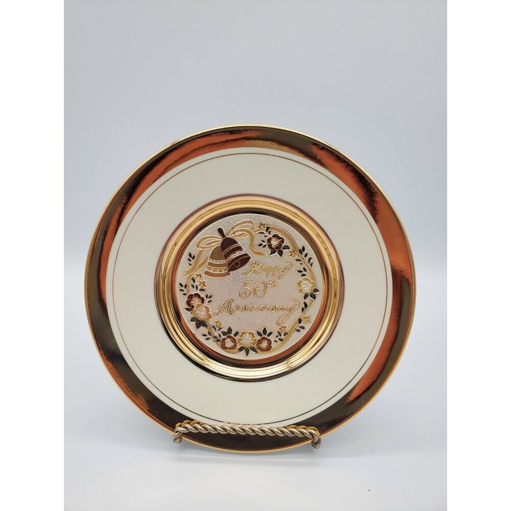 Dynasty Gallery Chokin Art Happy 50th Anniversary Plate 24KT Gold Rim